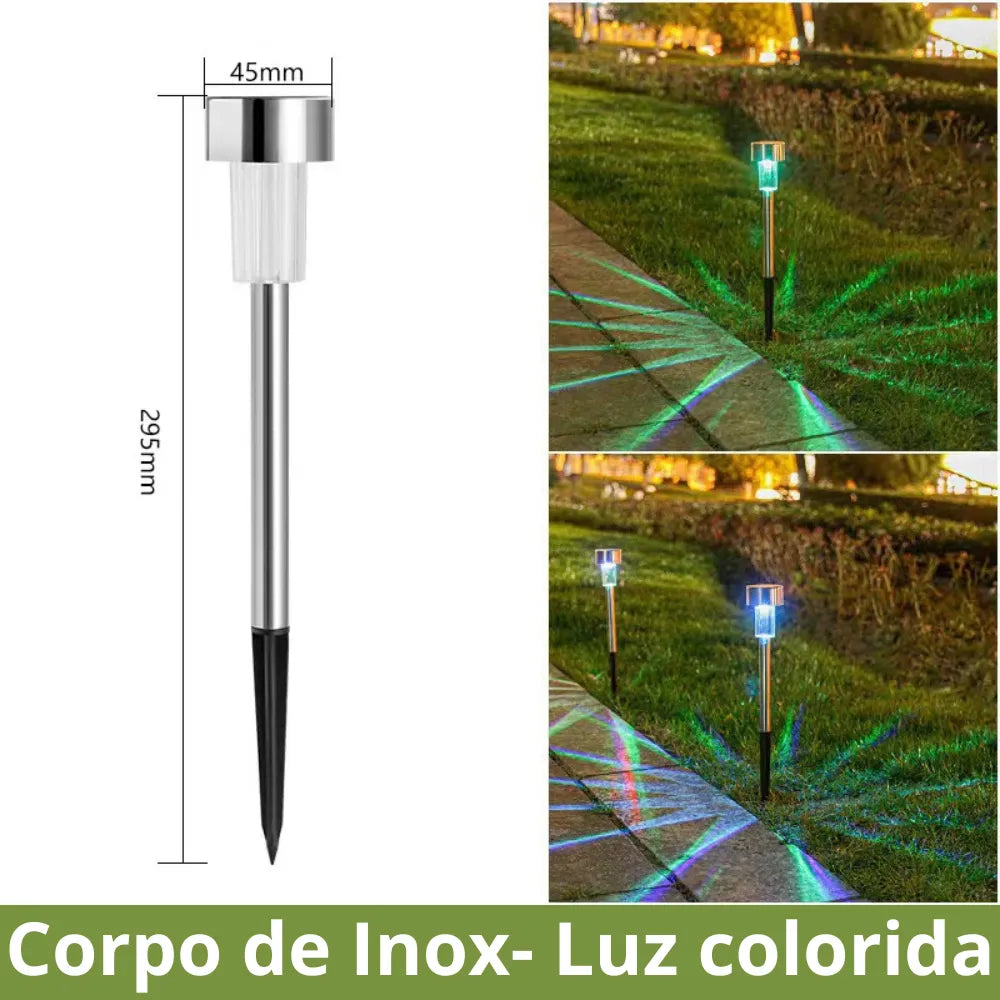 Com Corpo elegante de Inox e luz colorida, esse kit Dará Cores Vivas para seu Jardim a Noite.