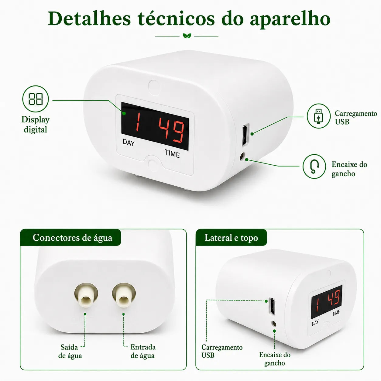 Detalhes técnicos da bomba de rega automática com display digital, USB, entrada e saída de água