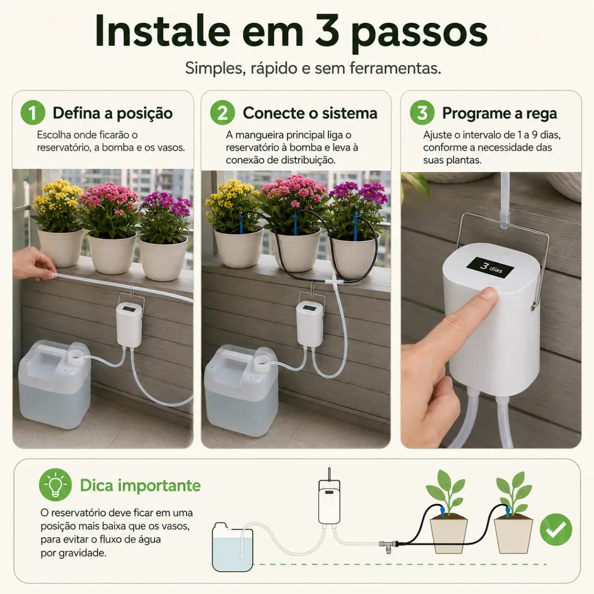 Passo a passo para instalar a bomba de rega automática com reservatório, mangueiras e programação da rega