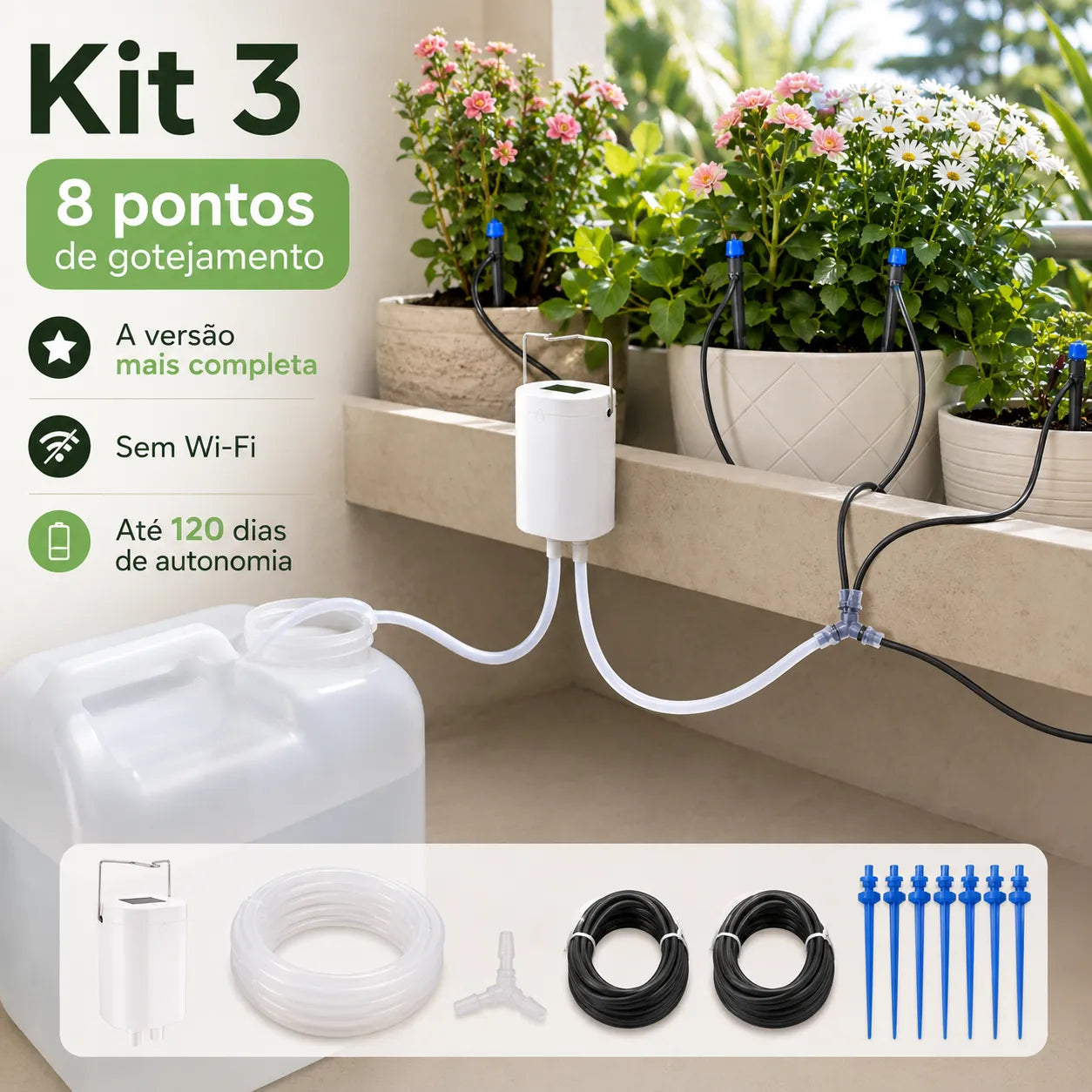 Kit 3 da bomba de rega automática com 8 pontos de gotejamento, mangueiras, conexão e gotejadores