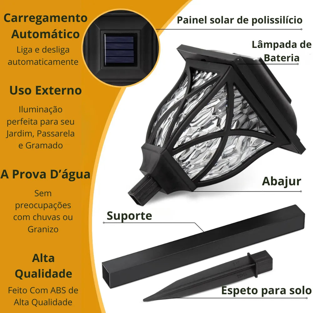 A luminária vem desmontada em 3 partes:
A luminária,
O suporte,
O espeto para o solo,
Basta encaixar os três e pornto!