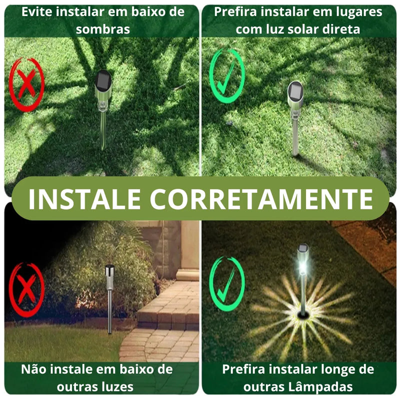 Prefira instalar os Balizadores em locais que tenham luz solar direta e que fiquem longe de outras lâmpadas.
Evite instalar em Locais com muita sombra e perto de outras luzes.