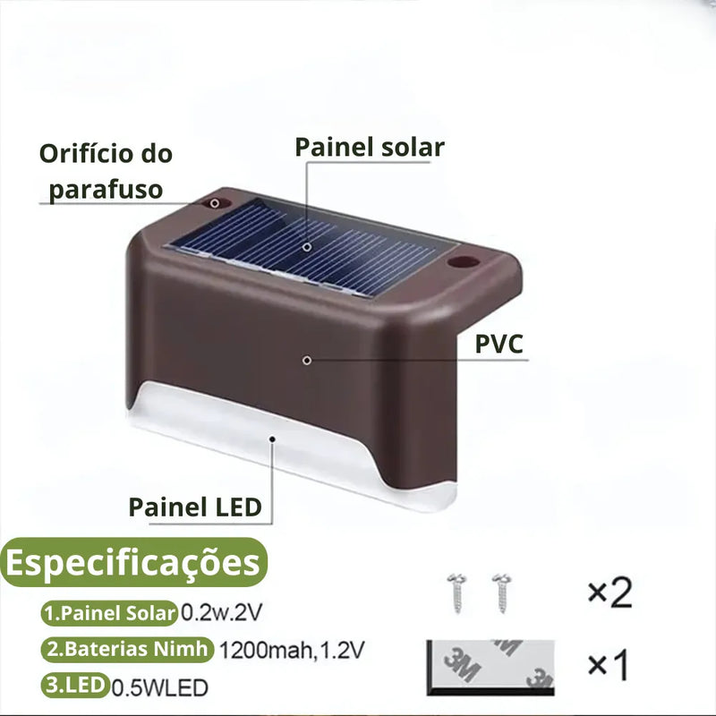 Especificações:
Painel Solar de 0.2 watts e 2 Volts.
Baterias NimH de 1200 MaH, 1.2 Volts.
LED 0.5 WLED