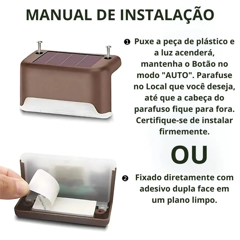 Manual de instalação da Luminária Led Solar de Sobrepor: Puxe a peça de plástico e a luz acenderá.
Depois parafuse ou fixe com a fita dupla face no local desejado.