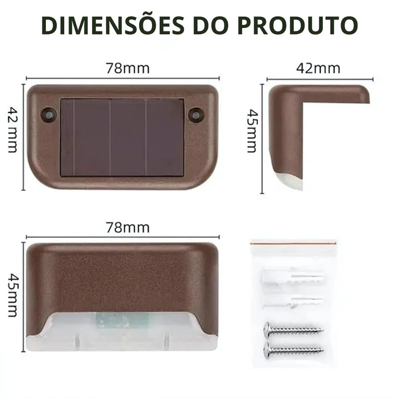 A luminária tem 42 milímetros de largura, 78 milímetros de Comprimento e 45 milímetros de Altura.