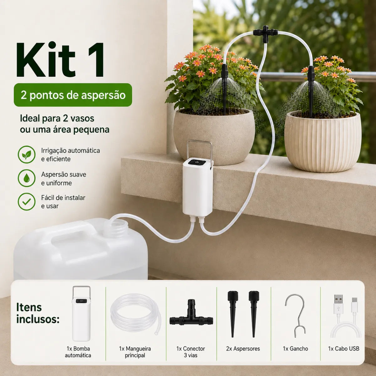 Bomba de rega automática Kit 1 com 2 pontos de aspersão para vasos e plantas