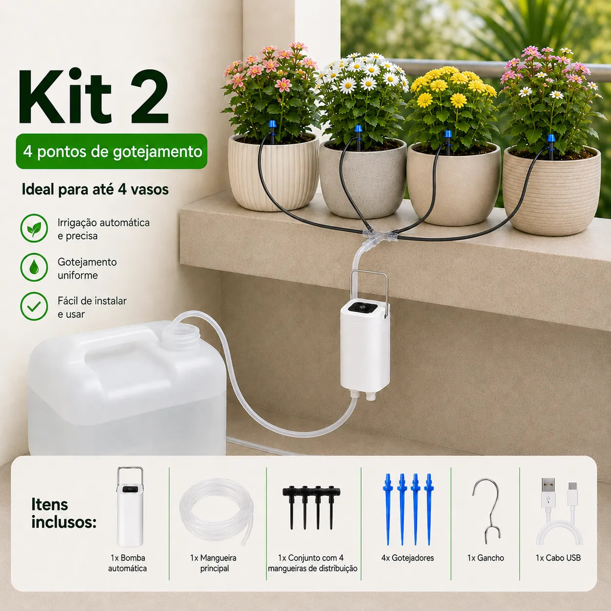 Bomba de rega automática Kit 2 com 4 pontos de gotejamento para até 4 vasos