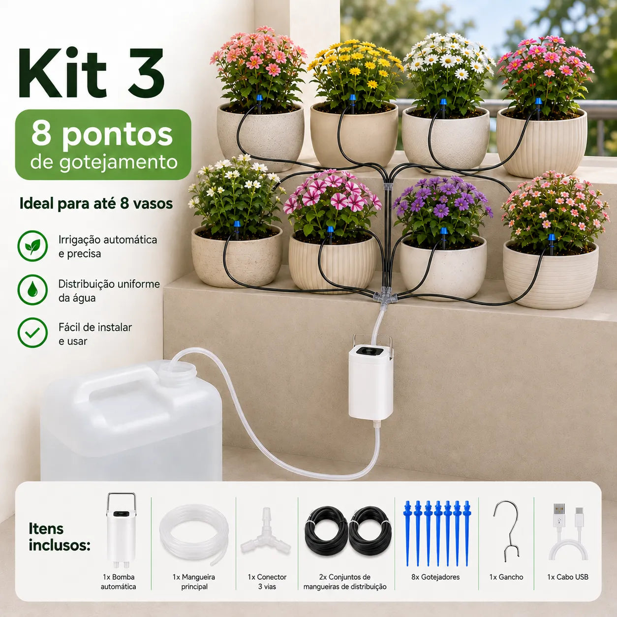 Bomba de rega automática Kit 3 com 8 pontos de gotejamento para vários vasos