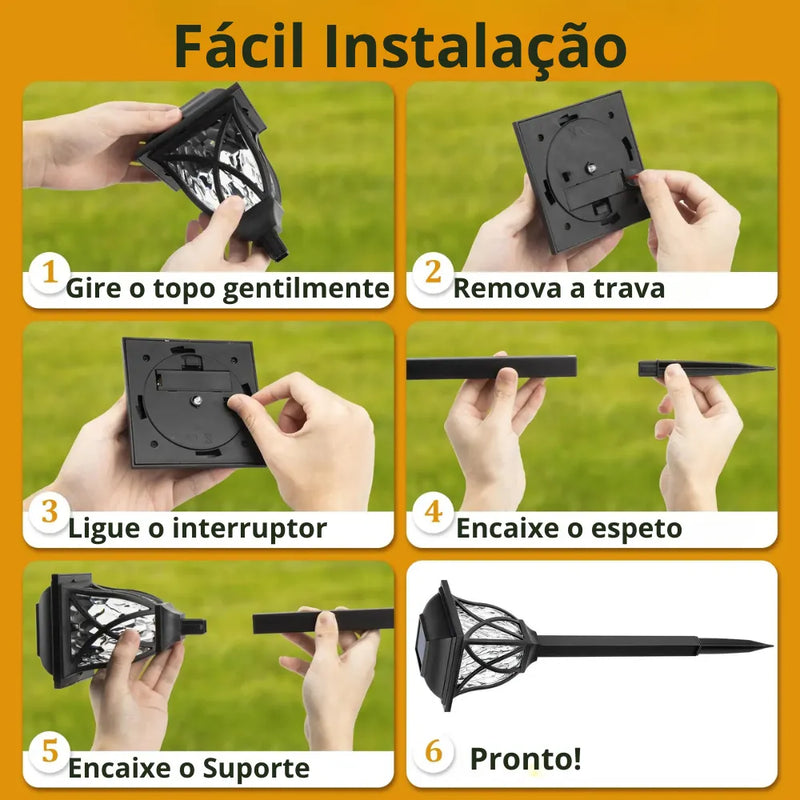 A luminária tem Instalação rápida e facilitada, Basta remover a trava da bateria, ligar o interruptor e encaixar o suporte no espeto e Pronto!